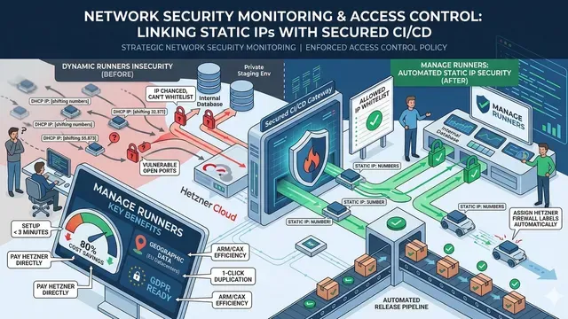 Secure your CI/CD perimeter with advanced network security monitoring: Manage Runners enables strict access control policy enforcement using static IPs and automated firewalls on Hetzner Cloud.