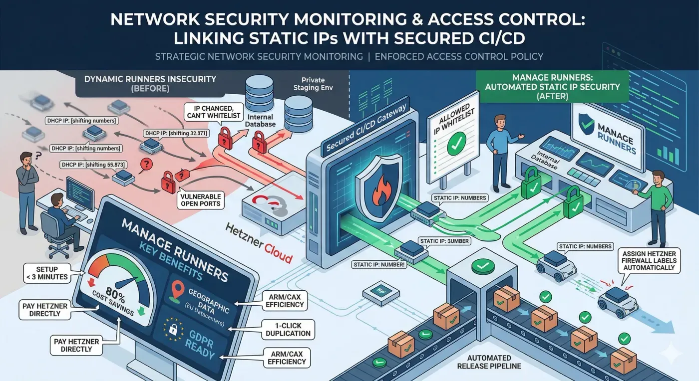 Secure your CI/CD perimeter with advanced network security monitoring: Manage Runners enables strict access control policy enforcement using static IPs and automated firewalls on Hetzner Cloud.