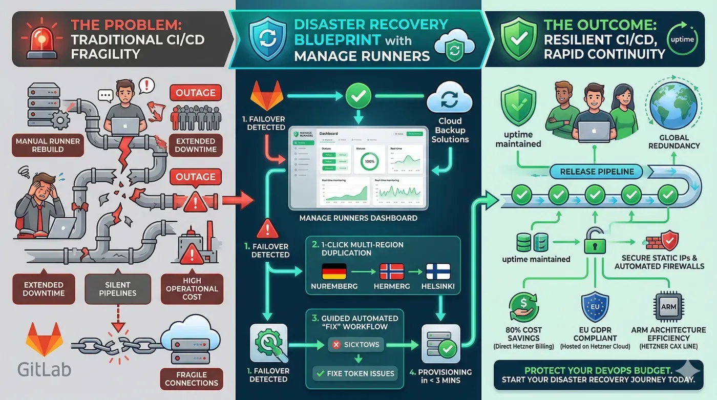 Build a resilient disaster recovery plan using automated cloud backup solutions with Manage Runners to ensure CI/CD continuity on Hetzner Cloud.