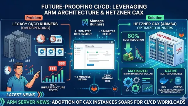 Optimize CI/CD costs with ARM architecture: Use Manage Runners to automate Hetzner CAX instances and slash your infrastructure spend by 80%.