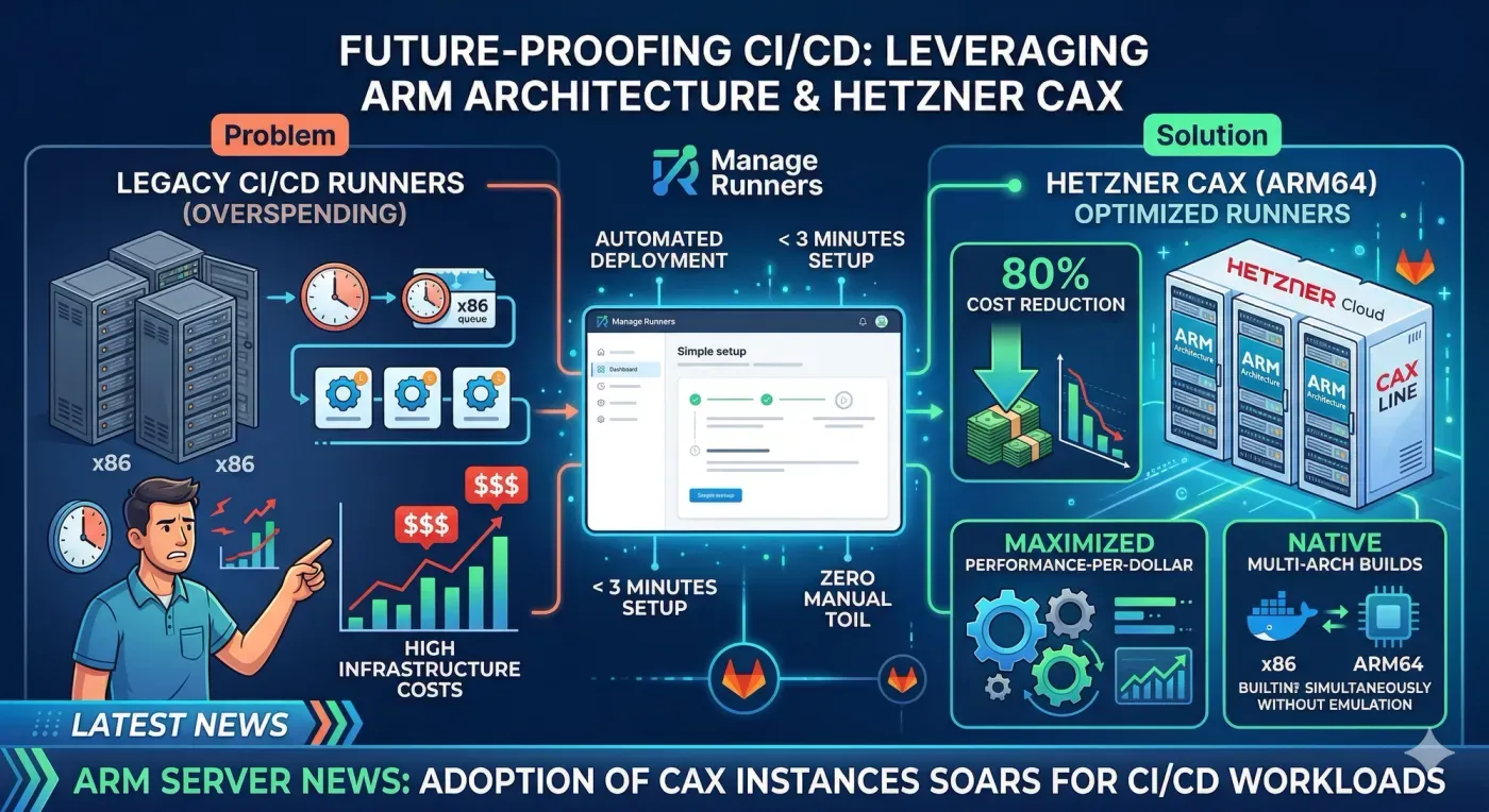 Optimize CI/CD costs with ARM architecture: Use Manage Runners to automate Hetzner CAX instances and slash your infrastructure spend by 80%.