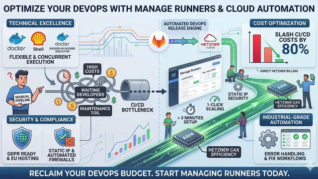 Transform your CI/CD pipeline with cloud automation: Effortlessly scale your DevOps automation with Manage Runners and save 80% on Hetzner Cloud.