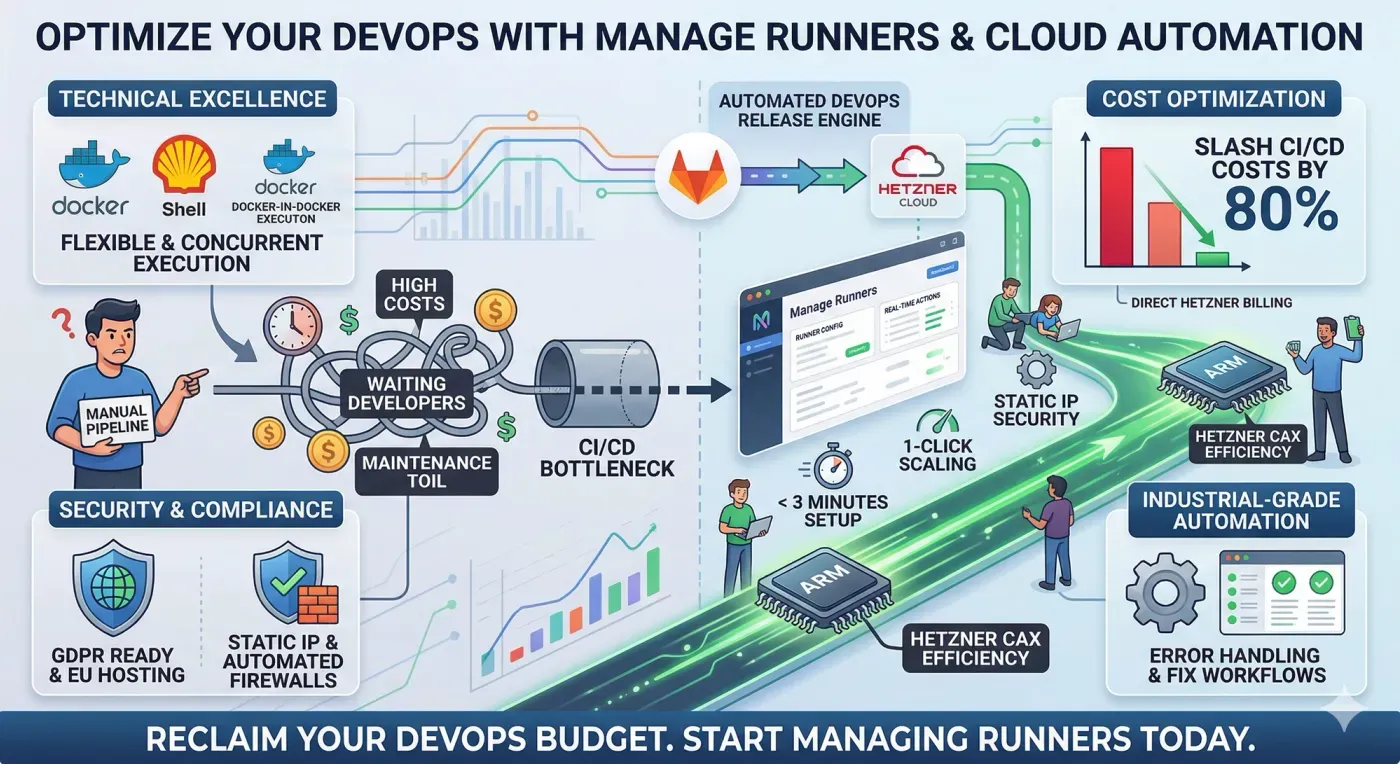 Transform your CI/CD pipeline with cloud automation: Effortlessly scale your DevOps automation with Manage Runners and save 80% on Hetzner Cloud.
