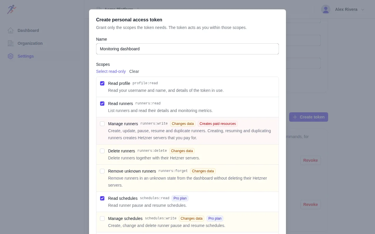 The Create personal access token dialog with read-only scopes selected